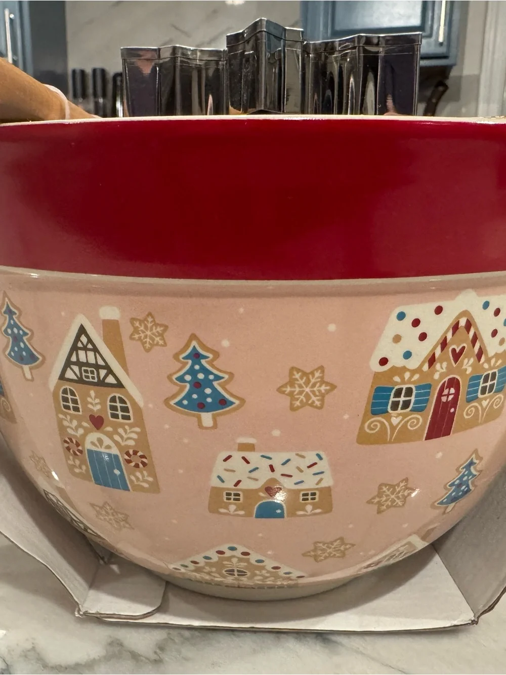 NWT Holiday Gingerbread Ceramic Mixing Bowl w/ Cookie Cutters & Spatula
